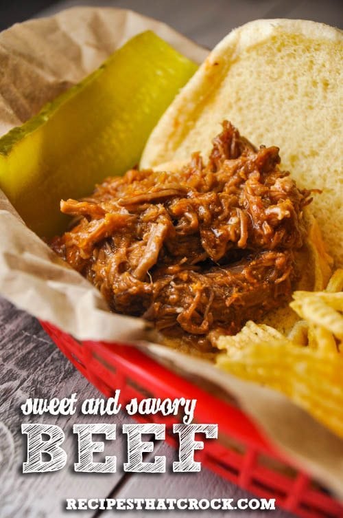This Sweet Savory Shredded Beef slow cooker recipe is one of our favorite all day slow cooker recipes. Toss four ingredients into a crock pot for 8 hours and serve up perfection every time!