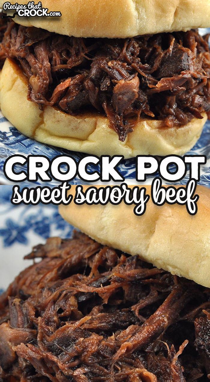 This Crock Pot Sweet Savory Beef recipe is one of our favorite all day slow cooker recipes. Toss four ingredients into a crock pot for 8 hours and serve up perfection every time!