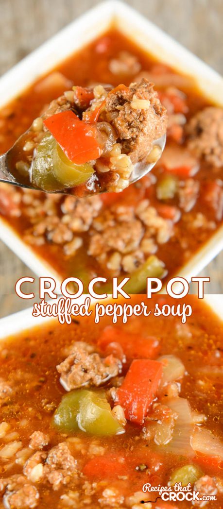 This Crock Pot Stuffed Pepper Soup is a reader favorite and one of our most popular slow cooker recipes! Savory ground beef, sweet bell peppers and rice in a flavorful tomato broth. Yum! All the flavor of stuffed peppers with none of the work! via @recipescrock