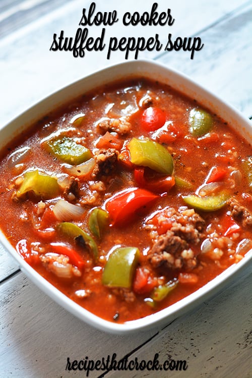This Crock Pot Stuffed Pepper Soup is a reader favorite and one of our most popular slow cooker recipes! Savory ground beef, sweet bell peppers and rice in a flavorful tomato broth. Yum! All the flavor of stuffed peppers with none of the work! via @recipescrock