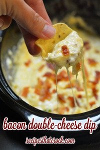 Are you looking for a great party dip? This Bacon Double Cheese Dip recipe will tempt your guests to take a double dip! THE Crock Pot Dip we take to every party. Everyone will ask you for the recipe!