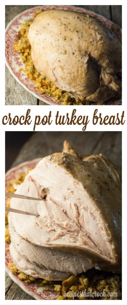 The perfect crock pot recipe for a juicy and flavorful turkey breast. Such a great slow cooker recipe to keep on hand for the holidays!