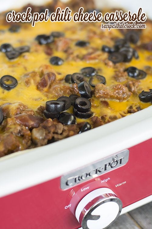 Crock Pot Chili Cheese Casserole: A family favorite layered casserole for the slow cooker that tastes a lot like chili cheese burritos! Yum!