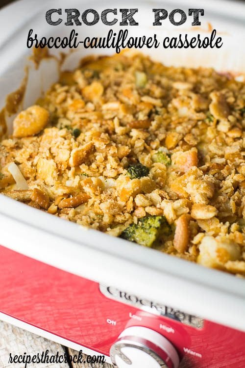 We have turned our favorite holiday recipe for Cheesy Broccoli Cauliflower Casserole into a delicious crock pot recipe to save room in the oven this holiday season!