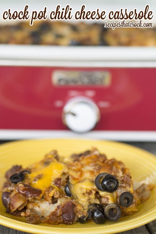 Crock Pot Chili Cheese Casserole: A family favorite layered casserole for the slow cooker that tastes a lot like chili cheese burritos! Yum!