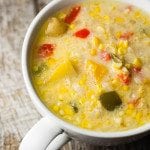 Crock Pot Corn Chowder- Filling crock pot soup recipe with corn, potatoes, peppers and and a secret ingredient.