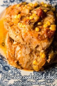 Fiesta Slow Cooker Pork Chops Recipe: One of our favorite quick and easy crock pot recipes. Ready to cook in 5 minutes . Flavorful and tender chops with a fiesta twist!