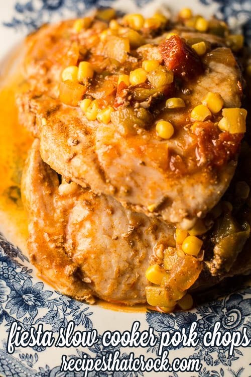 Fiesta Slow Cooker Pork Chops Recipe: One of our favorite quick and easy crock pot recipes. Ready to cook in 5 minutes . Flavorful and tender chops with a fiesta twist!