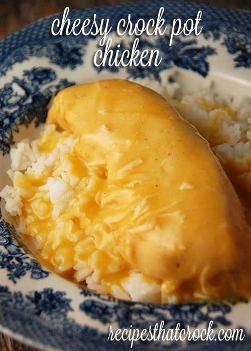 Do you love a dump and go recipe as much as I do? This Cheesy Crock Pot Chicken is so simple to throw together and has a flavor that adults and kids alike love! via @recipescrock