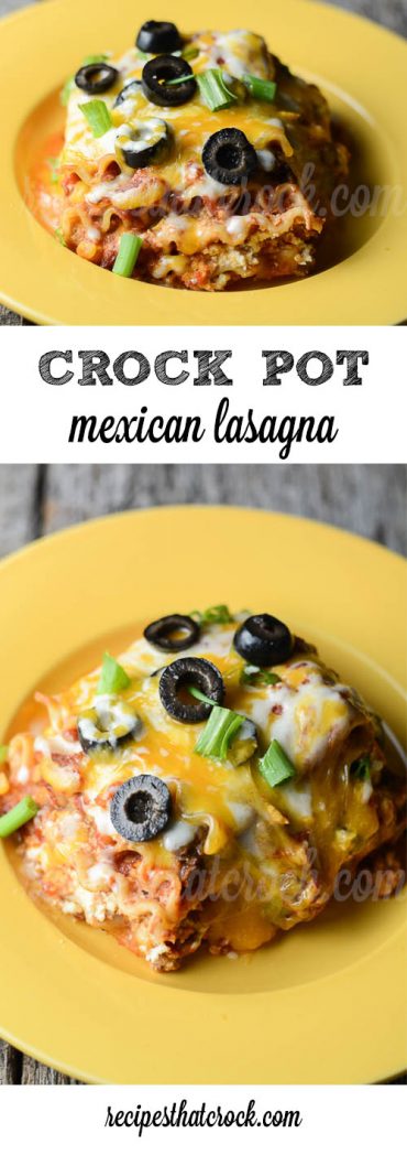 Crock Pot Mexican Lasagna: The perfect slow cooker dish for your next family fiesta! Layers of salsa, noodles, cheese, taco meat and a delicious bean mixture make this an instant family favorite!