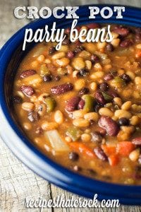 Crock Pot Party Beans: The PERFECT dish for any potluck! Fantastic flavor. Everyone will want this recipe.
