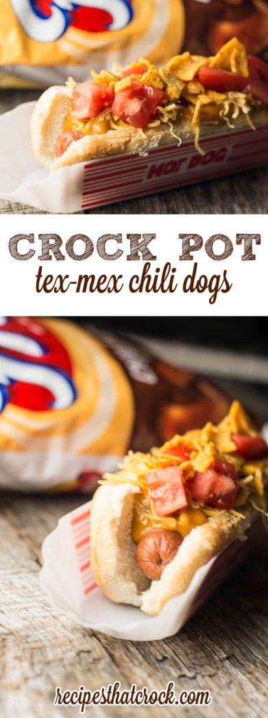 Crock Pot Tex-Mex Chili Dogs are a great way to switch up your traditional hot dog and the perfect crock pot recipe for your next party. Top with cheese, tomato and crushed Chili Cheese Fritos.
