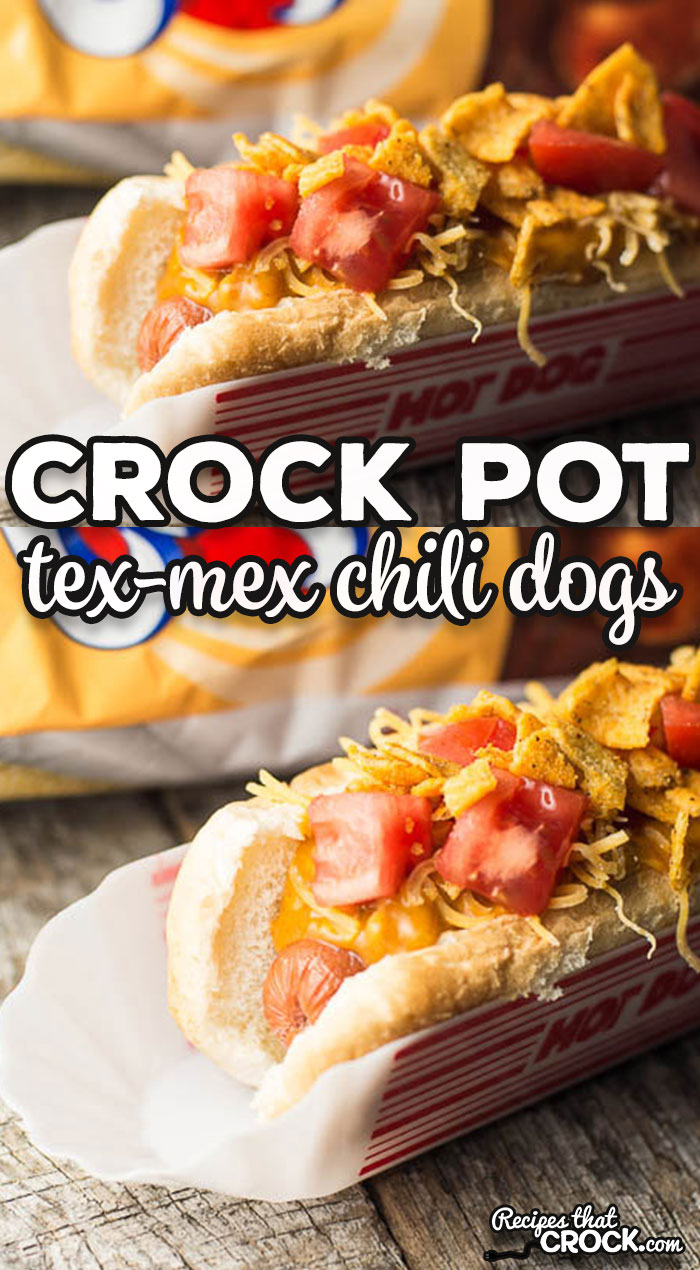 Crock Pot Tex-Mex Chili Dogs are a great way to switch up your traditional hot dog and the perfect crock pot recipe for your next party. via @recipescrock