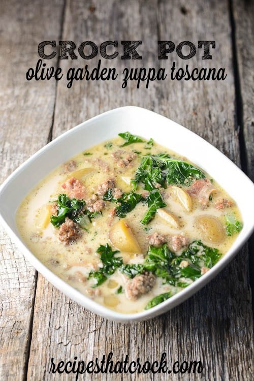 Crock Pot Olive Garden Zuppa Toscana Soup Copy Cat. Savory sausage, potatoes and kale in a creamy broth soup.