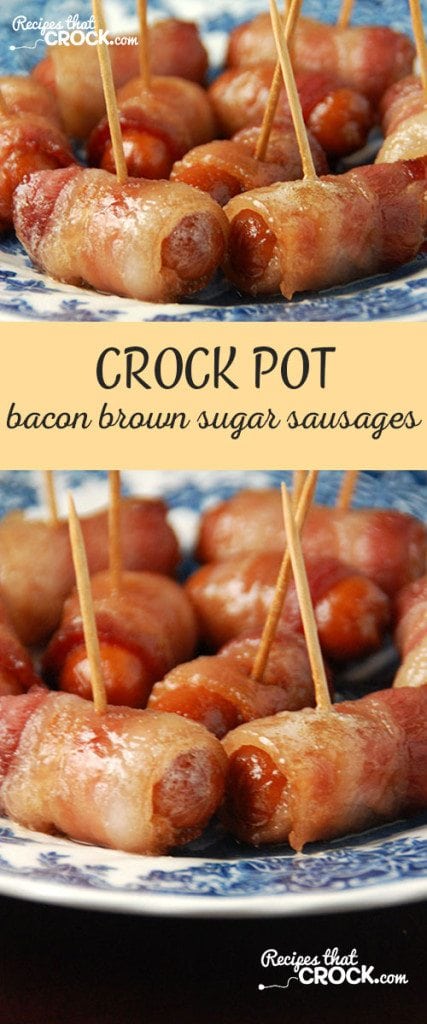 These Crock Pot Bacon Brown Sugar Sausages are great for breakfast or as an appetizer!