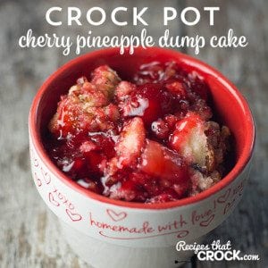 Crock Pot Cherry Pineapple Dump Cake: Are you looking for a super easy dessert recipe that you can just throw together? This slow cooker dessert only takes 5 minutes to put together!