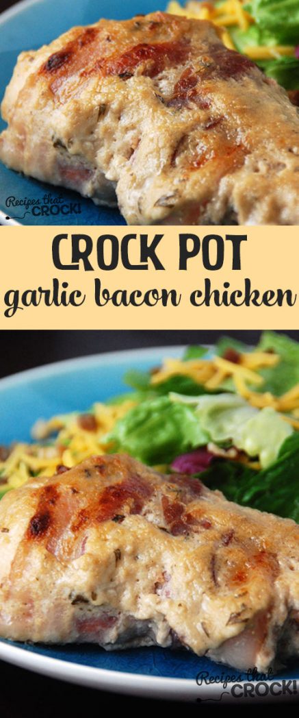 Bacon. Chicken. Garlic. What's not to love?! This Crock Pot Garlic Bacon Chicken is a cinch to throw together and amazingly delicious! Tender savory chicken breasts with garlic and bacon.