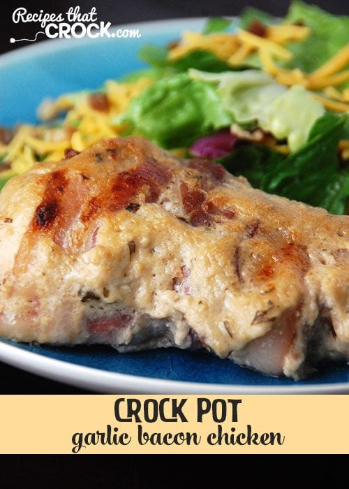 Bacon. Chicken. Garlic. What's not to love?! This Crock Pot Garlic Bacon Chicken is a cinch to throw together and amazingly delicious! Tender savory chicken breasts with garlic and bacon.