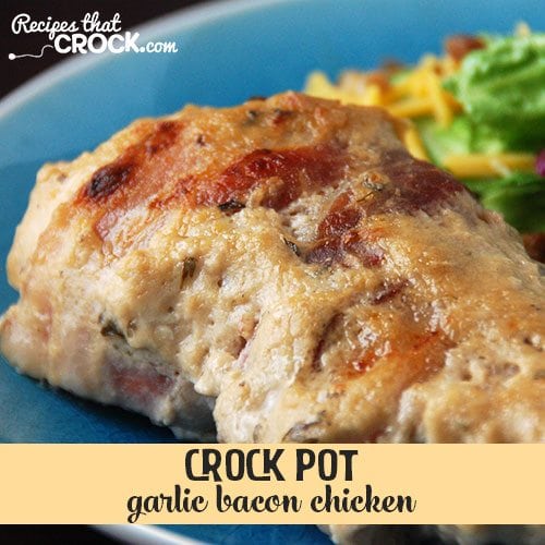Bacon. Chicken. Garlic. What's not to love?! This Crock Pot Garlic Bacon Chicken is a cinch to throw together and amazingly delicious! Tender savory chicken breasts with garlic and bacon.