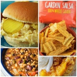 Easy Meal Ideas featuring Our Favorite Crock Pot Sandwiches! Five complete meal ideas includings sides and dessert. #ad #UniqueInEveryWave @sunchips0160