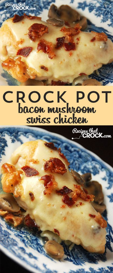 This Crock Pot Bacon Mushroom Swiss Chicken is an easy crock pot chicken recipe with a flavorful combination that you don't want to miss! via @recipescrock