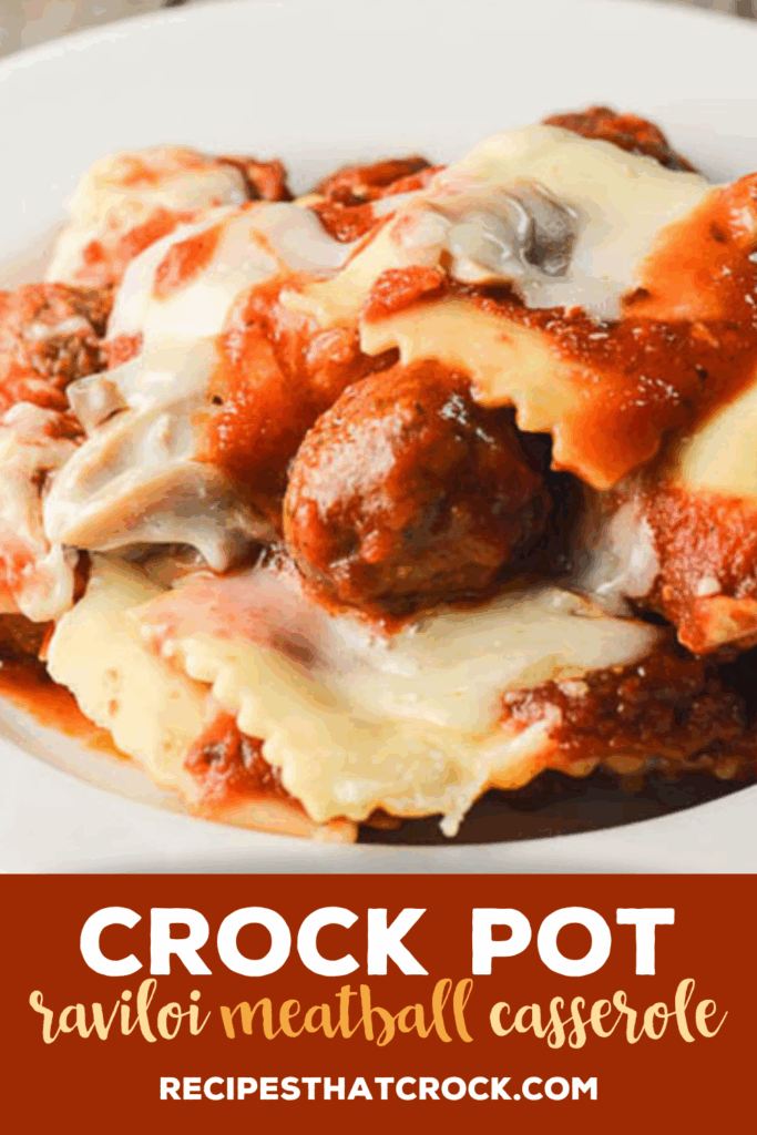 Crock Pot Ravioli Meatball Casserole- Super easy meal to throw together! This is a recipe that kids of all ages love! Tender cheese filled ravioli with savory meatballs in a marinara sauce topped with melted mozzarella. Yum!