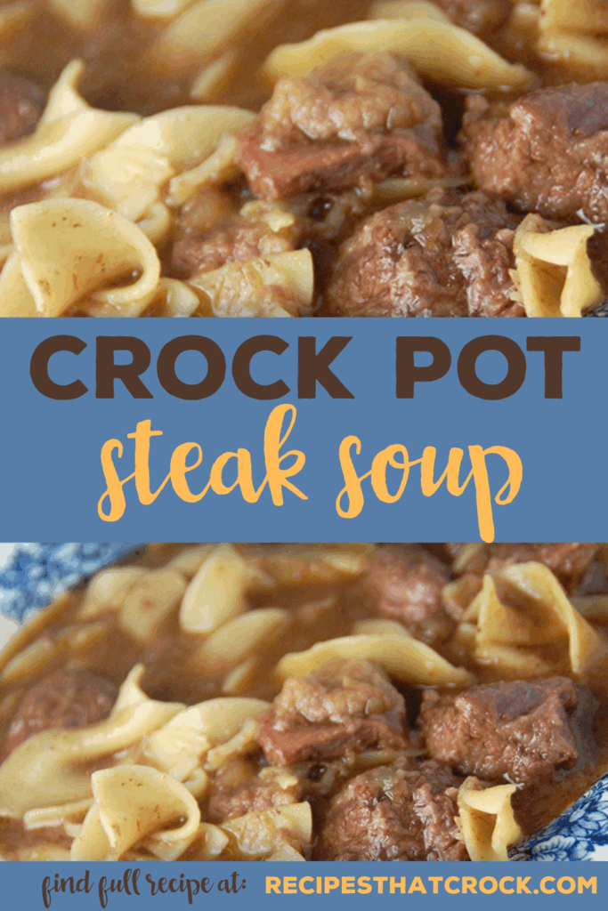 The whole family will love this delicious Crock Pot Steak Soup! Savory beef tips in seasoned beef broth with tender egg noodles.