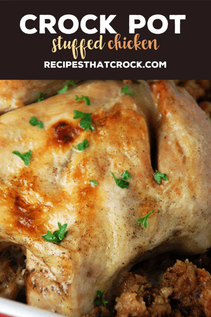 Do you love tender and juicy chicken with wonderful flavor and melt in your mouth stuffing? Then you HAVE to try our Stuffed Crock Pot Chicken. This ultimate comfort  food is holiday worthy but at a fraction of the cost and great for a weeknight dinner.