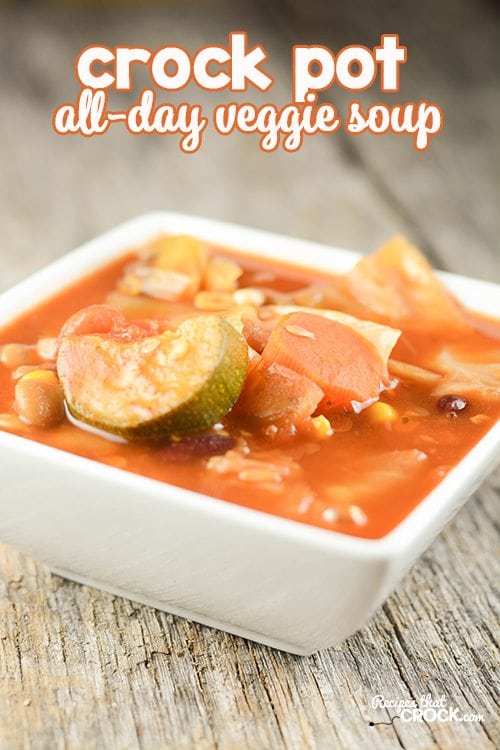 Are you looking for a great all day crock pot recipe? Our Crock Pot All Day Veggie Soup is a great  fix it and forget it meal. The leftovers freeze well and are a great go-to lunch if you freeze in individual portions.