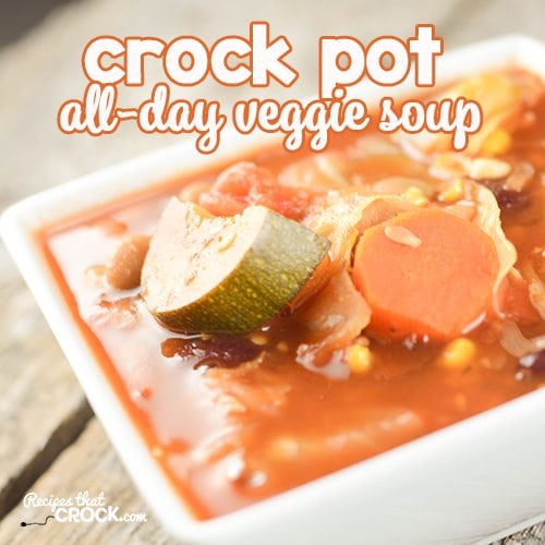 Are you looking for a great all day crock pot recipe? Our Crock Pot All Day Veggie Soup is a great fix it and forget it meal. The leftovers freeze well and are a great go-to lunch if you freeze in individual portions.