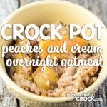 Overnight Peaches and Cream Oatmeal in the Crock Pot- This dish cooks for a full 8 hours without burning. It is a great overnight recipe and a perfect way to have a hot breakfast in the morning without the work. Leftovers keep well in the fridge, so be prepared for your family to fight over it all week long!