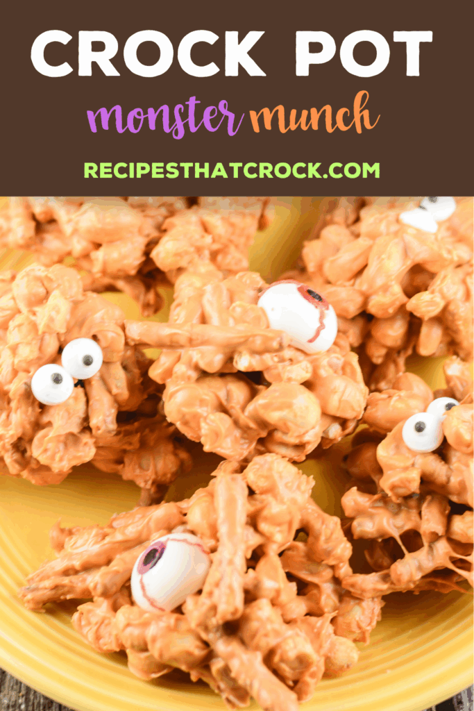 Crock Pot Monster Munch: Are you looking for a great treat to make with your kiddos for Halloween? Super easy to make and fun to put together. Best of all, you can change it up to include your favorite candy morsels!