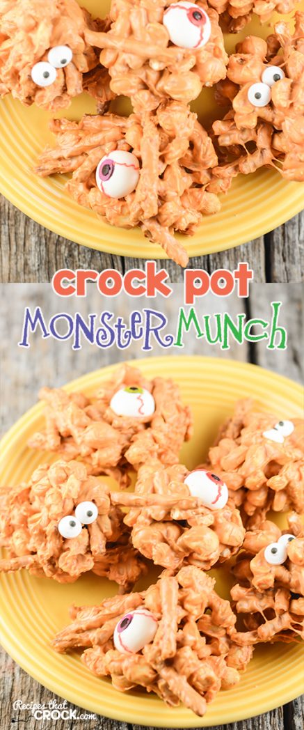 Crock Pot Monster Munch: Are you looking for a great treat to make with your kiddos for Halloween? Super easy to make and fun to put together. Best of all, you can change it up to include your favorite candy morsels!
