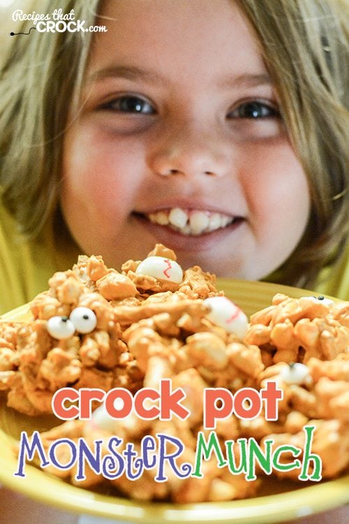 Crock Pot Monster Munch: Are you looking for a great treat to make with your kiddos for Halloween? Super easy to make and fun to put together. Best of all, you can change it up to include your favorite candy morsels!