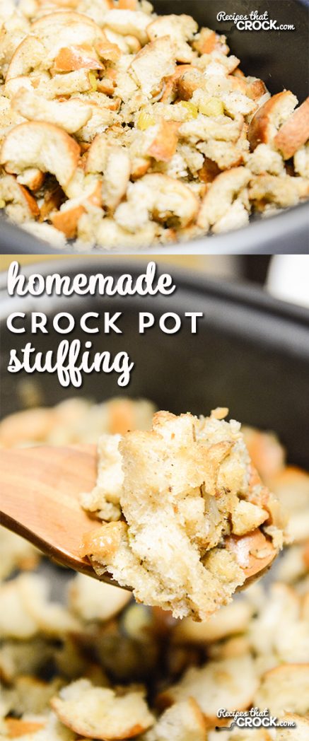Homemade Crock Pot Stuffing- An easy way to free up your oven and use your slow cooker to make stuffing from scratch. This super easy recipe uses soft bread, no drying out required.