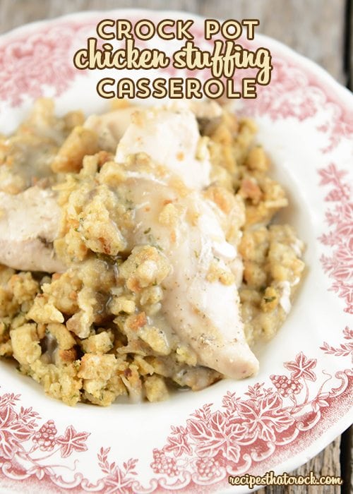 This Easy Crock Pot Chicken Stuffing Casserole is so simple and a classic comfort food.