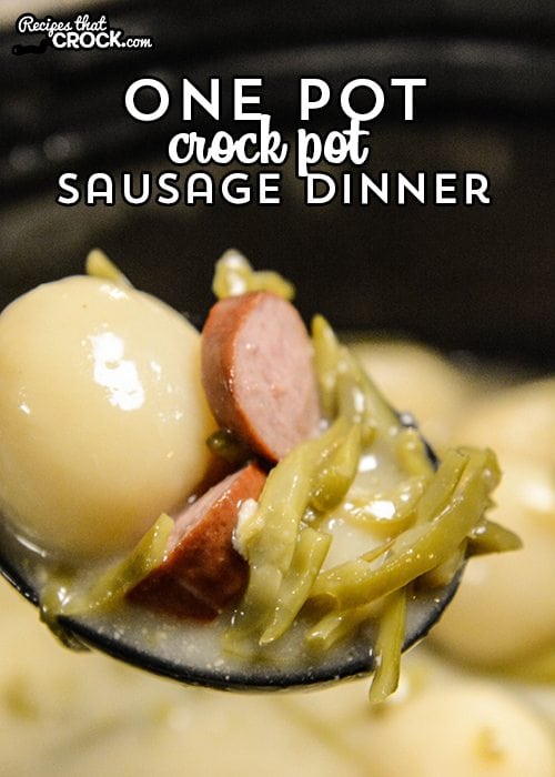One Pot Crock Pot Sausage Dinner makes supper a snap! This easy recipe is dinner in a bowl. The savory sauce is so good you can serve even serve it as a soup if you'd like!