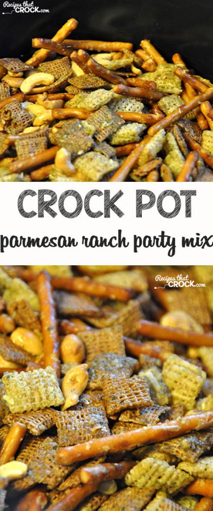 Check out this oh-my-goodness-good Crock Pot Parmesan Ranch Party Mix! It is amazing!