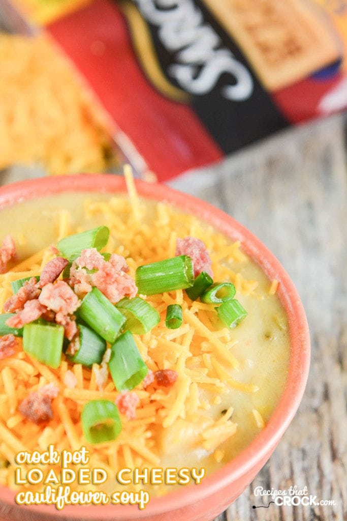 Our Crock Pot Loaded Cheesy Cauliflower Soup is comfort in a bowl. If you are looking for a new soup to cook up in your slow cooker, THIS is the recipe for you. #Ad @sargentocheese