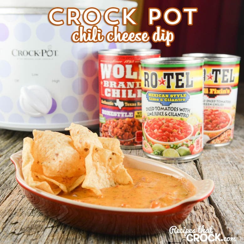 Crock Pot Chili Cheese Dip is so easy to throw together and the perfect dip for your next party whether it be at a potluck or staying in during #HibernationSeason! #ad @conagrafoods @roteltomatoes