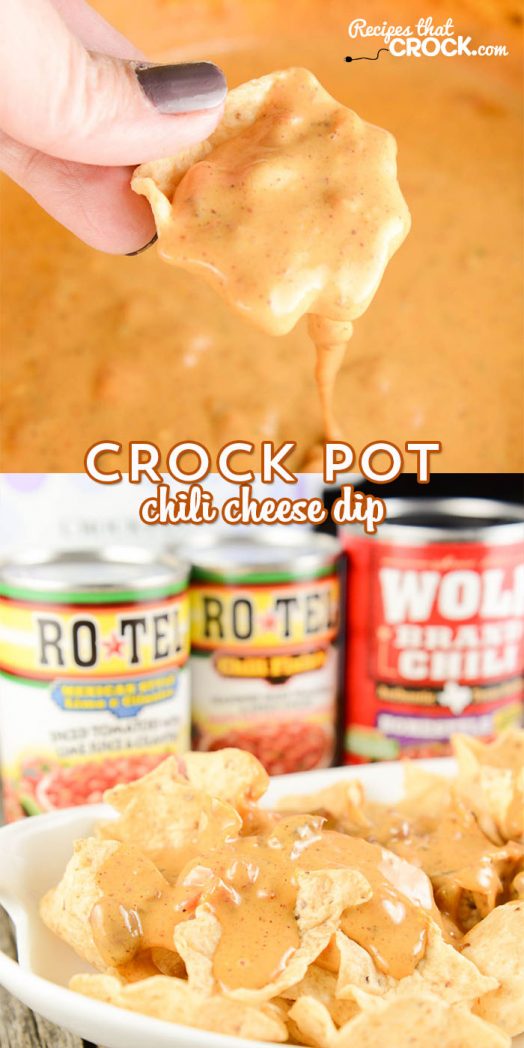 Crock Pot Chili Cheese Dip is so easy to throw together and the perfect dip for your next party whether it be at a potluck or staying in during #HibernationSeason! #ad @conagrafoods @roteltomatoes
