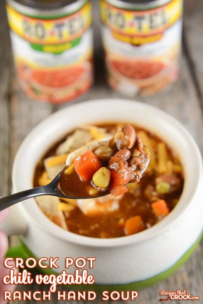 Crock Pot Chili Vegetable Ranch Hand Soup is the perfect hearty recipe to throw into your slow cooker for #HibernationSeason! #ad @conagrafoods @roteltomatoes