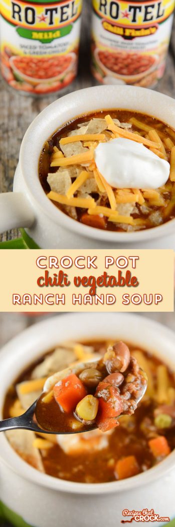 Crock Pot Chili Vegetable Ranch Hand Soup is the perfect hearty recipe to throw into your slow cooker for #HibernationSeason! #ad @conagrafoods @roteltomatoes