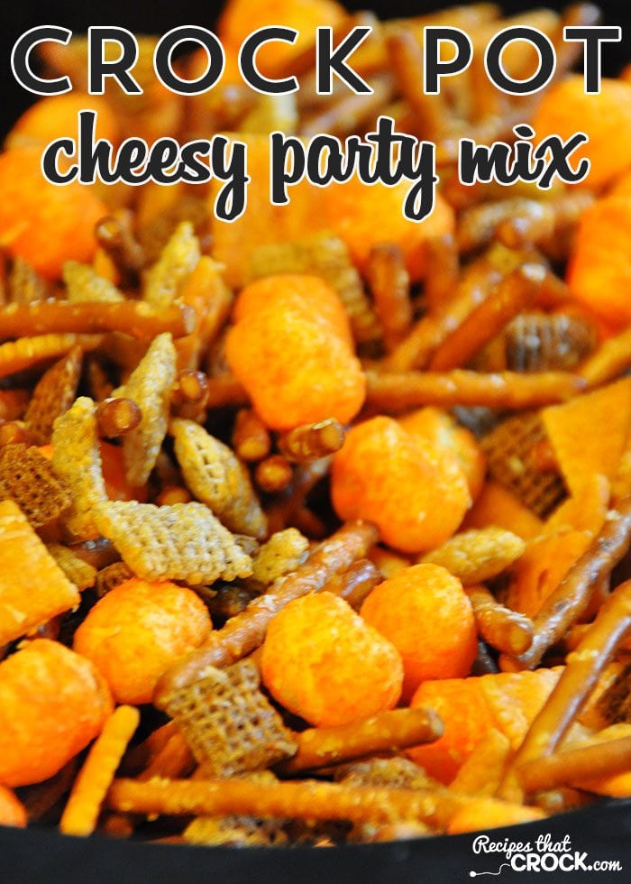 This Crock Pot Cheesy Party Mix is great for a party or just to have around the house to munch on!
