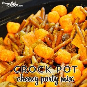This Crock Pot Cheesy Party Mix is great for a party or just to have around the house to munch on!