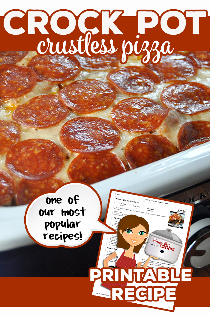 One of our most popular recipes! This Crock Pot Crustless Pizza is delicious and simple to make! A low carb casserole that everyone enjoys! Serve with breadsticks for carb lovers. via @recipescrock