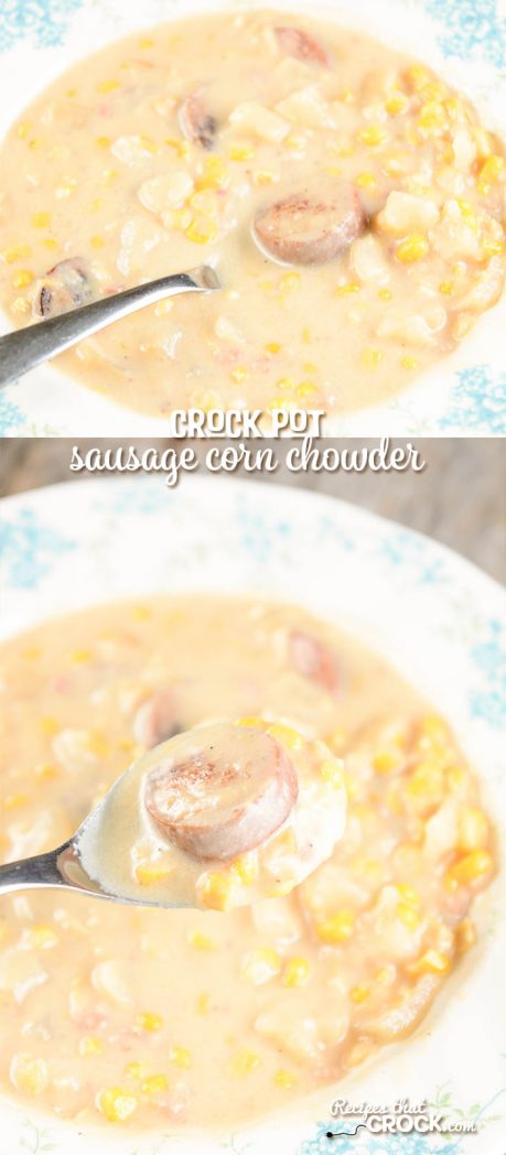 This Crock Pot Sausage Potato Corn Chowder Recipe takes flavor to the next level with the addition of thick slices of delicious polish sausage or kielbasa to a traditional potato corn chowder.