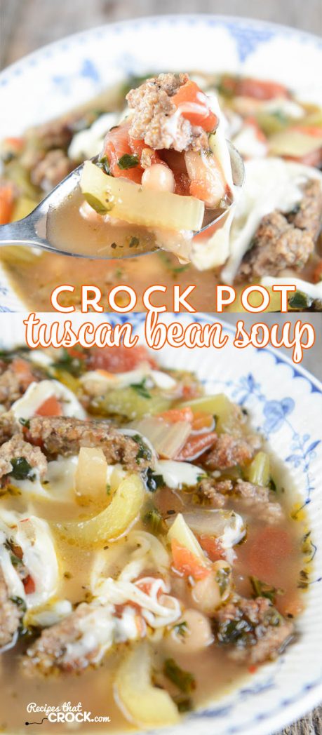 Crock Pot Tuscan Bean Soup is a flavorful Italian inspired recipe that is perfect for the slow cooker whether it is for family dinner or a potluck.