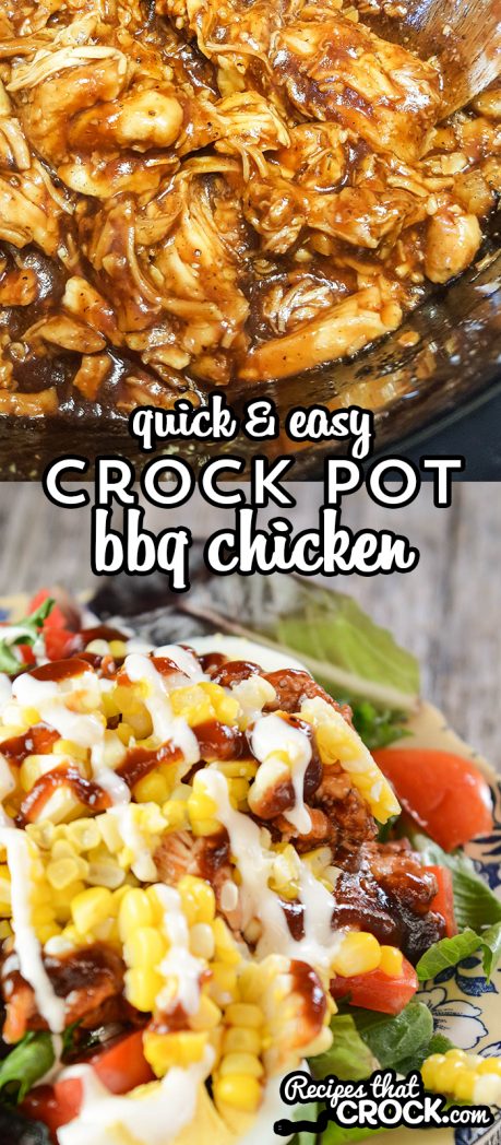 Quick and Easy Crock Pot BBQ Chicken- We are sharing our secret to throwing together barbecue chicken that is great to use in salads and for sandwiches. We are also including our favorite summer salad to make with it!
