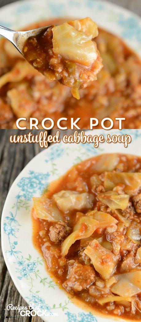 Crock Pot Unstuffed Cabbage Soup has all the delicious flavor of stuffed cabbage with none of the mess! This dish is so simple to throw in the slow cooker and it is the perfect all day recipe. Beef, sausage, broth, cabbage, onions, tomatoes and barley create this savory soup that everyone loves! via @recipescrock